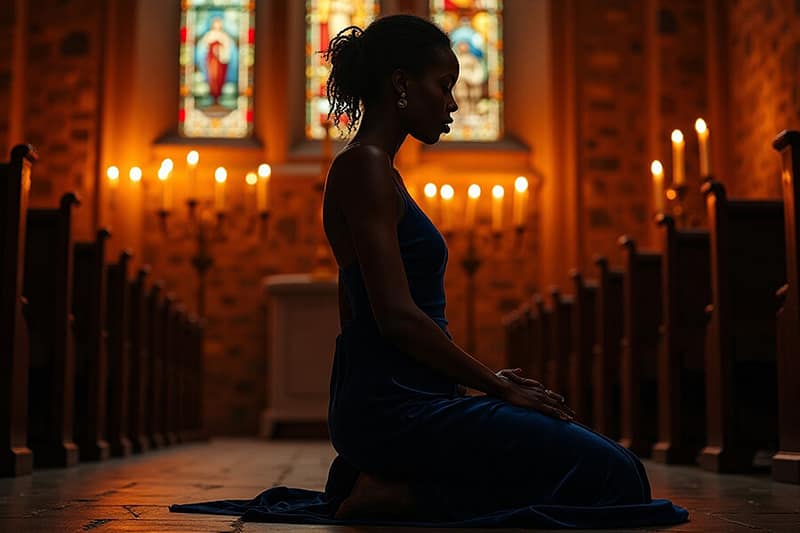 mujer orando en una iglesia